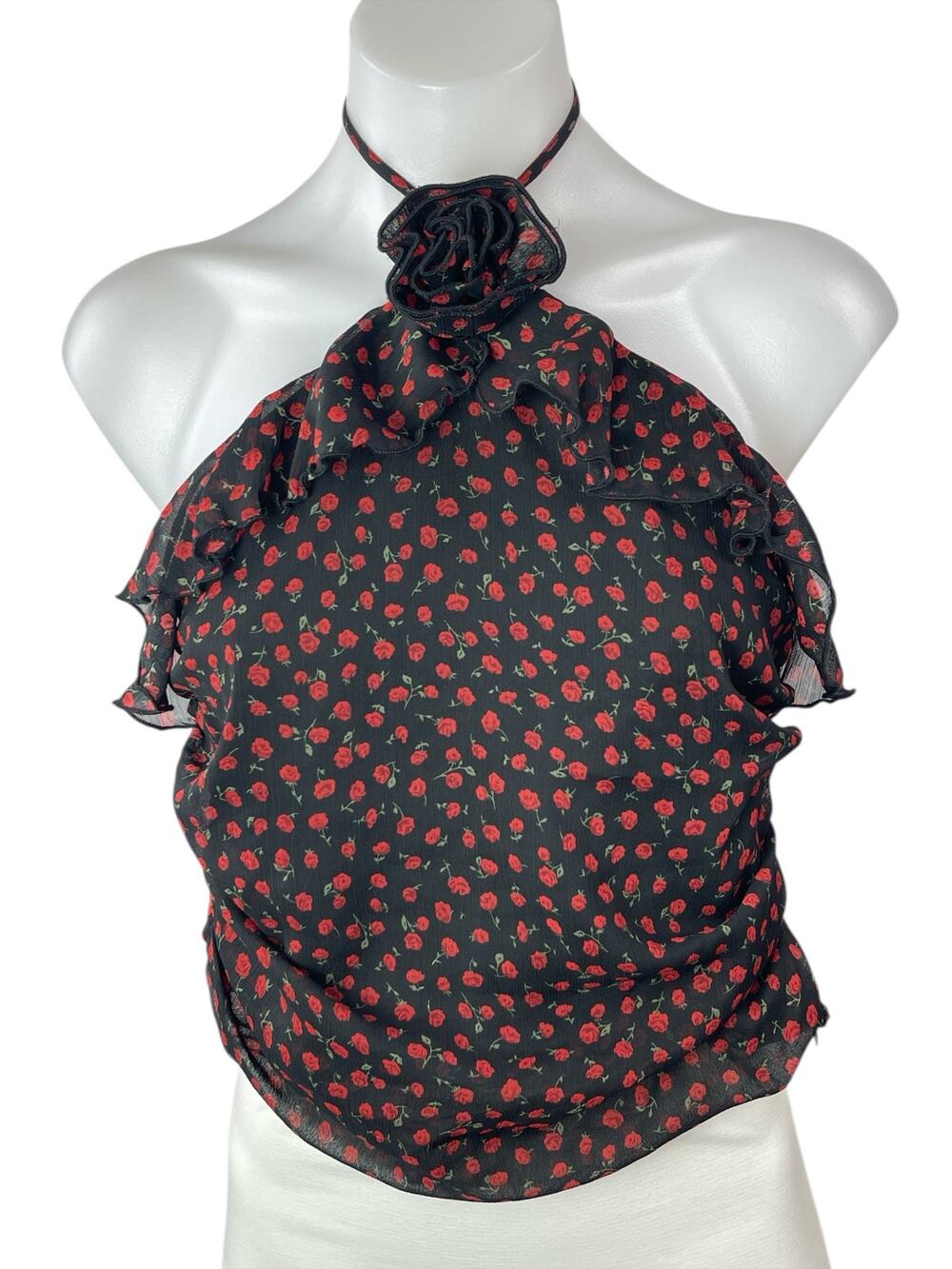 Miss Selfridge Black Floral Rose Halter Ruffle Open Back Sleeveless Blouse Top 6